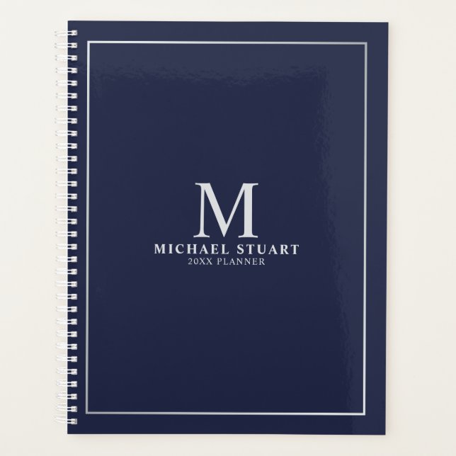 Navy Blue Silver Personalisiert Monogram und Name Planer (Vorderseite)