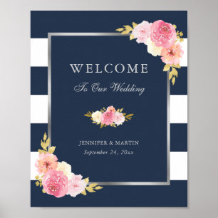 Navy Blue Silver Pink Floral Wedding Welcome Sign Poster