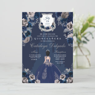 Navy Blue & Silver Princess Castle Quinceañera Einladung