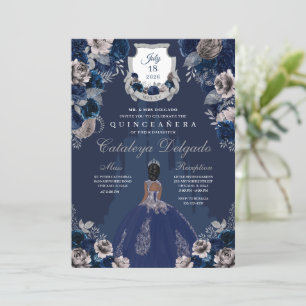 Navy Blue & Silver Princess Castle Quinceañera Einladung