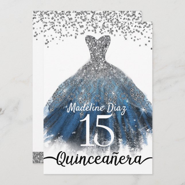 Navy Blue Silver Quinceanera Birthday Einladung