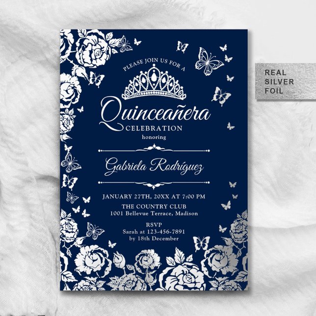Navy Blue Silver Rose Quinceanera UAWG QR Code Folieneinladung (Von Creator hochgeladen)