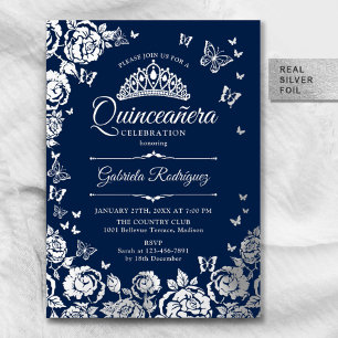 Navy Blue Silver Rose Schmetterlinge Quinceanera Folieneinladung