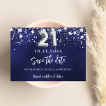 Navy Blue Silver Stars 21. Geburtstag Save The Date<br><div class="desc">Ein modernes und elegantes Save the Date für ein 21. Party. Ein marineblau mit silbernen Imitaten dekorierter Hintergrund. Personalisieren und fügen Sie Datum und Namen hinzu. Die blaue Farbe ist ungleichmäßig. Der Text: Save the Date ist mit einem großen angesagten,  handgeschriebenen Stilskript geschrieben.</div>