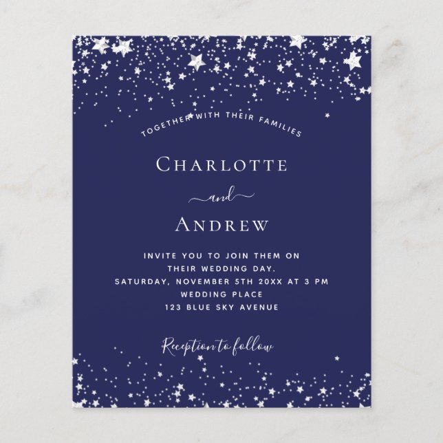 Navy Blue Silver Stars Budget Hochzeit Einladung Flyer (Vorne)