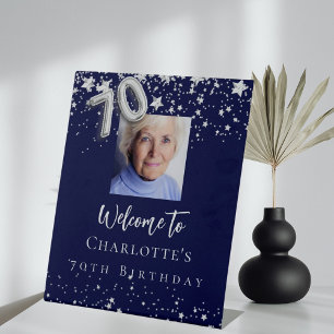 Navy Blue Silver Stars Foto 70. Geburtstag Begrüßu Sockelschild