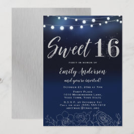 Navy Blue Silver String Lights Floral Sweet 16 Einladung