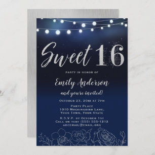 Navy Blue Silver String Lights Floral Sweet 16 Einladung