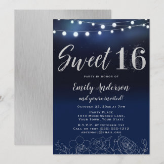 Navy Blue Silver String Lights Floral Sweet 16 Einladung