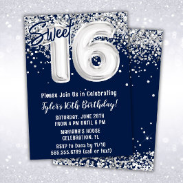 Navy Blue Silver Sweet 16. Geburtstagsparty Einladung