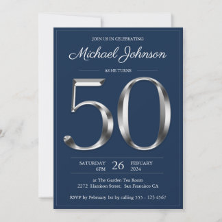 Navy Blue Silver Typografie 50. Geburtstagsparty Einladung