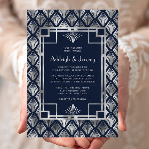 Navy Blue Silver Vintag Deko Pattern Wedding Einladung
