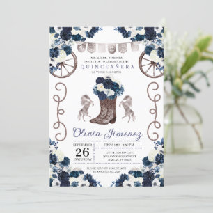 Navy Blue Silver Western Charra Boots Quinceañera Einladung