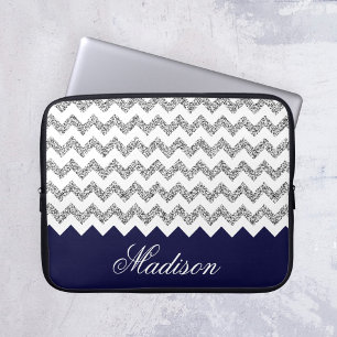 Navy Blue Silvery Glitzer Zickzack Muster Laptopschutzhülle