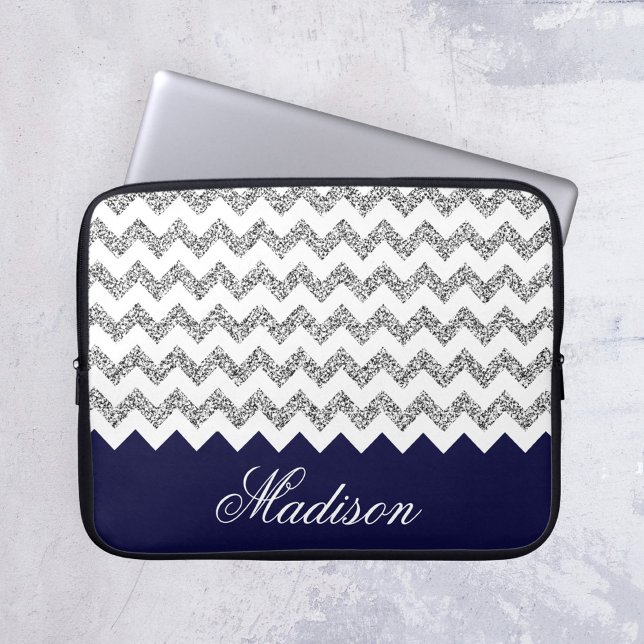 Navy Blue Silvery Glitzer Zickzack Muster Laptopschutzhülle (Von Creator hochgeladen)