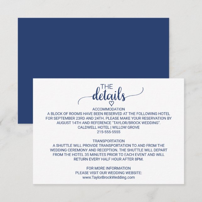 Navy Blue Simple Calligraphy Wedding Details Card Begleitkarte (Vorne/Hinten)