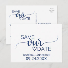 Navy Blue Simple Calligraphy Wedding Save the Date Ankündigungspostkarte