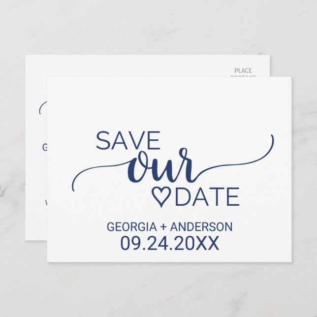 Navy Blue Simple Calligraphy Wedding Save the Date Ankündigungspostkarte (Vorne/Hinten)
