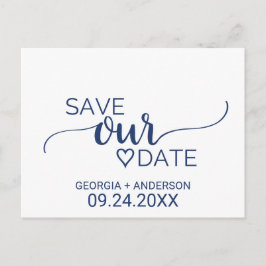 Navy Blue Simple Calligraphy Wedding Save the Date Ankündigungspostkarte