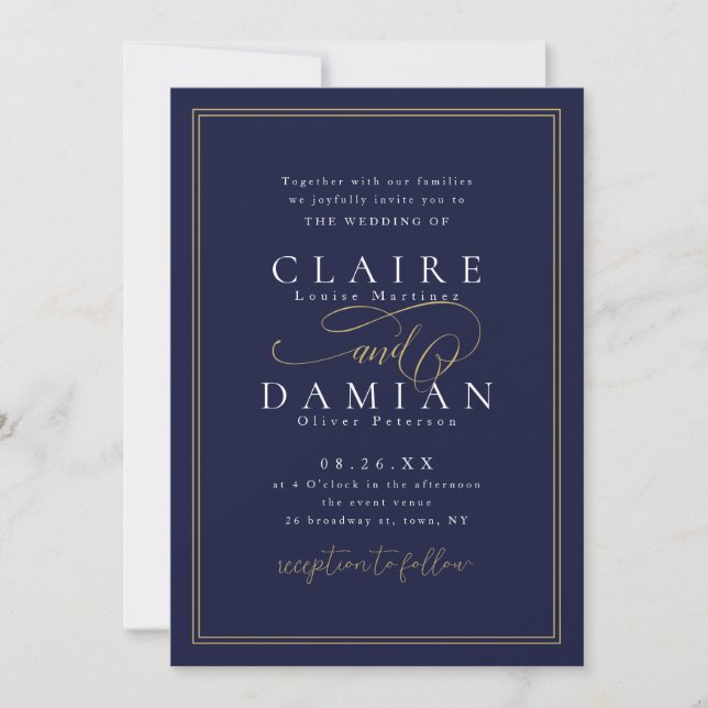 Navy Blue Simple Elegance Romantische Script Hochz Einladung (Vorderseite)