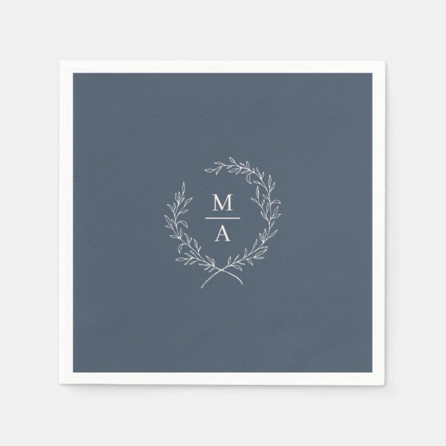 Navy Blue Simple Elegant Laurel Wreath Monogram Serviette (Vorderseite)