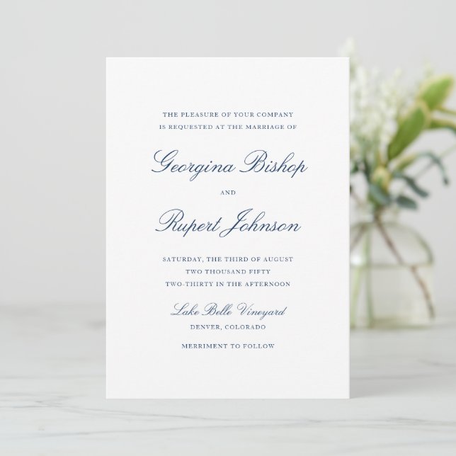 Navy Blue Simple Elegant Script Typografy Wedding Einladung (Stehend Vorderseite)
