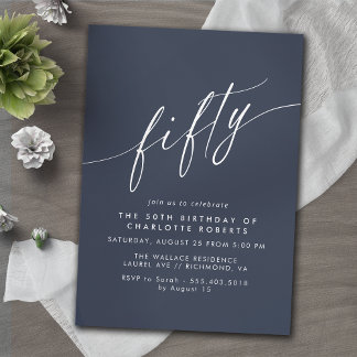 Navy Blue | Simple Fifty Script 50th Birthday Einladung
