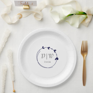 Navy Blue Simple Heart Wreath Monogram Wedding Pappteller