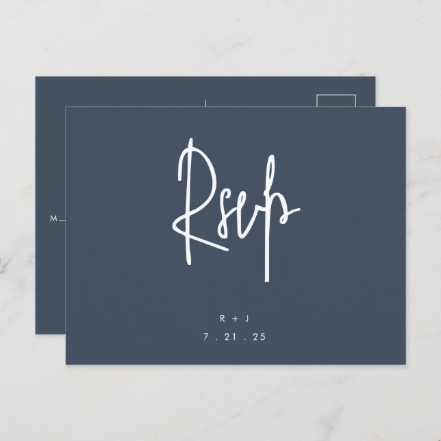 Navy Blue Simple Lettering Wedding RSVP Postcard Postkarte (Vorne/Hinten)