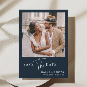Navy Blue Simple Modern Script Wedding Foto Save The Date