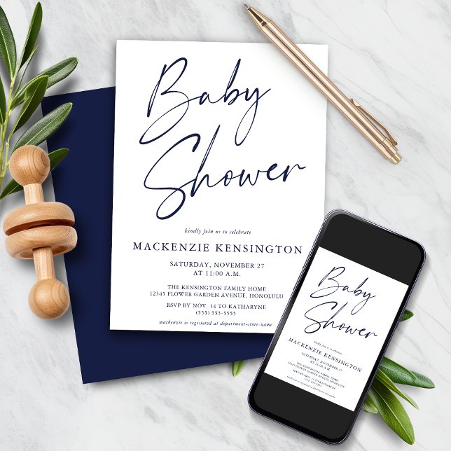 Navy Blue Simple Script Baby Dusche Einladung (Navy Blue Simple Script Baby Shower Invitation)