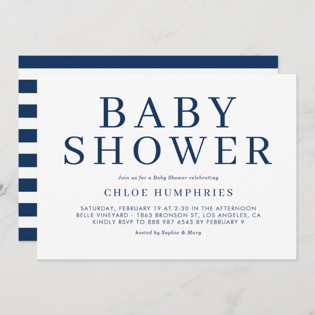 Navy Blue Simple Typografy Stripe Boy Baby Dusche Einladung (Vorne/Hinten)