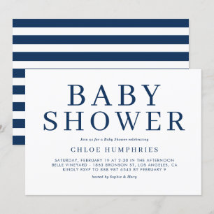 Navy Blue Simple Typografy Stripe Boy Baby Dusche Einladung