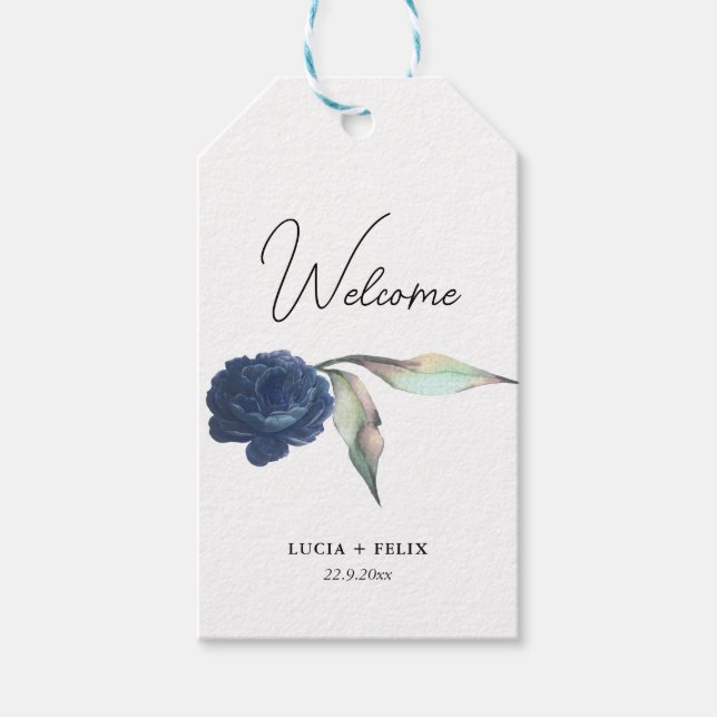 Navy Blue Single Rose und Blätter Hochzeit Willkom Geschenkanhänger (Vorderseite)