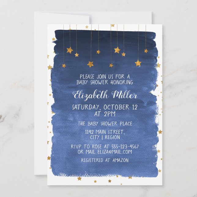Navy Blue Sky und Golden Stars Kinderdusche Einlad Einladung (Vorderseite)