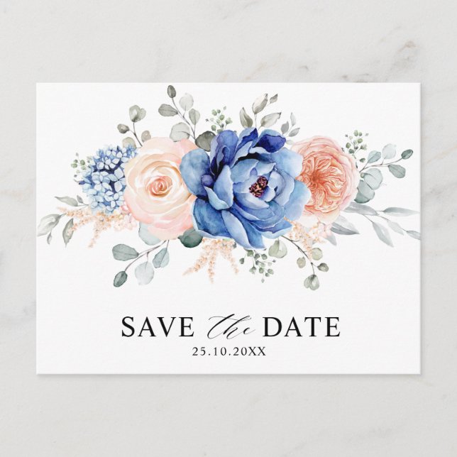 Navy Blue Slate Dusty Blush Floral Save the Date Postkarte (Vorderseite)