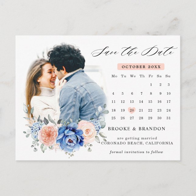 Navy Blue Slate Dusty Blush Pink Save the Date Postkarte (Vorderseite)