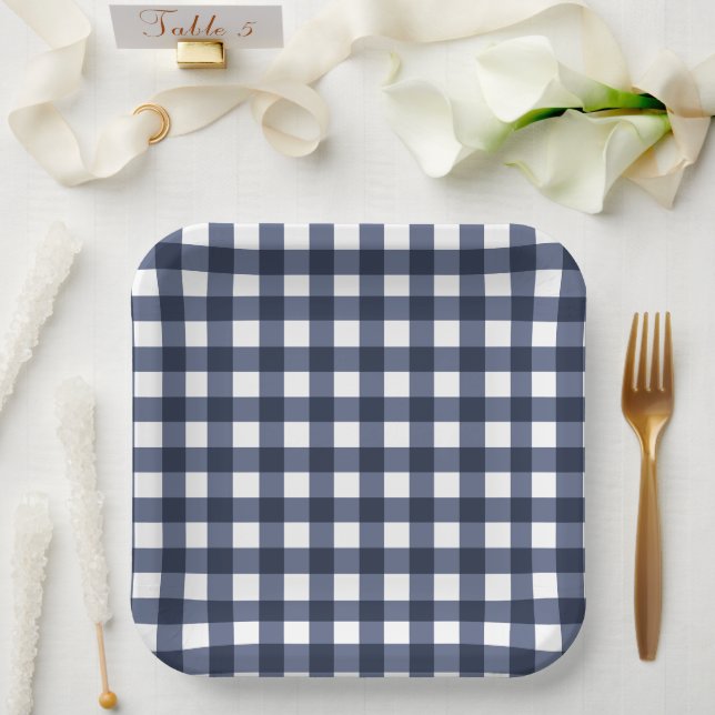 Navy Blue Small Classic Gingham Karo Kariert Pappteller (Hochzeit)