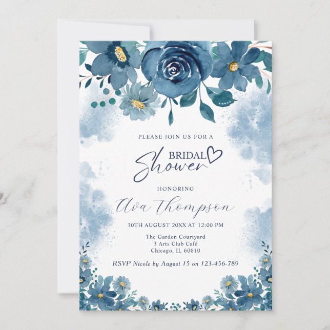 Navy Blue Smoke Floral Bridal Shower Invitation Einladung (Vorderseite)