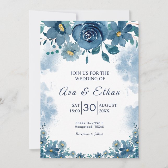 Navy Blue Smoke Floral Wedding Invitation Einladung (Vorderseite)