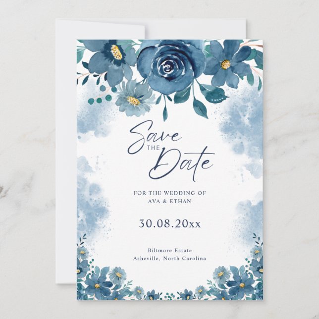 Navy Blue Smoke Floral Wedding Save The Date Einladung (Vorderseite)