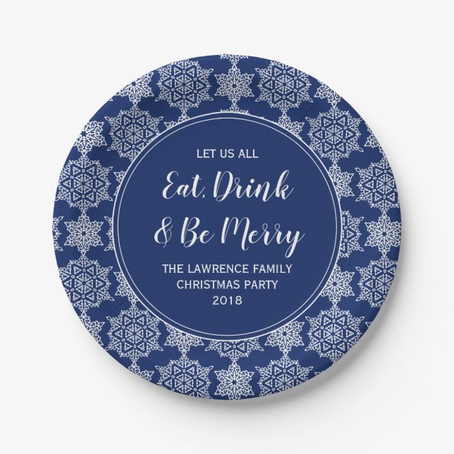 Navy Blue Snowflake Eat Drink Weihnachten Party Pappteller (Vorderseite)