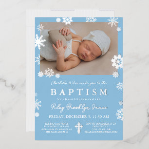 Navy Blue Snowflakes Foto Winter Baptissilber Folieneinladung