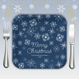 Navy Blue Snowflakes Weihnachts-Party Pappteller