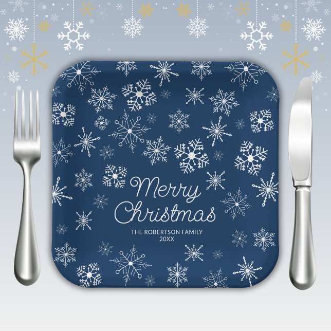 Navy Blue Snowflakes Weihnachts-Party Pappteller (Von Creator hochgeladen)