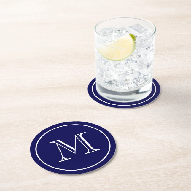 Navy Blue Solid Color Custom Monogram Runder Pappuntersetzer (Vor Ort)
