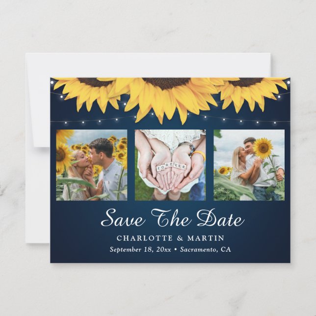 Navy Blue Sonnenblume 3 Foto Speichern Sie die Dat Save The Date (Vorderseite)