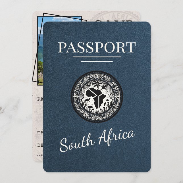 Navy Blue South Africa Passport Save The Date (Vorne/Hinten)