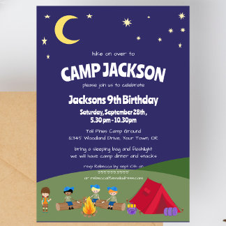 Navy Blue Staright Night Camping Geburtstagsparty Einladung