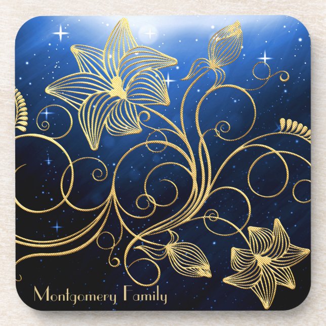 Navy Blue Starry Galaxy Gold Floral Name Getränkeuntersetzer (Vorderseite)